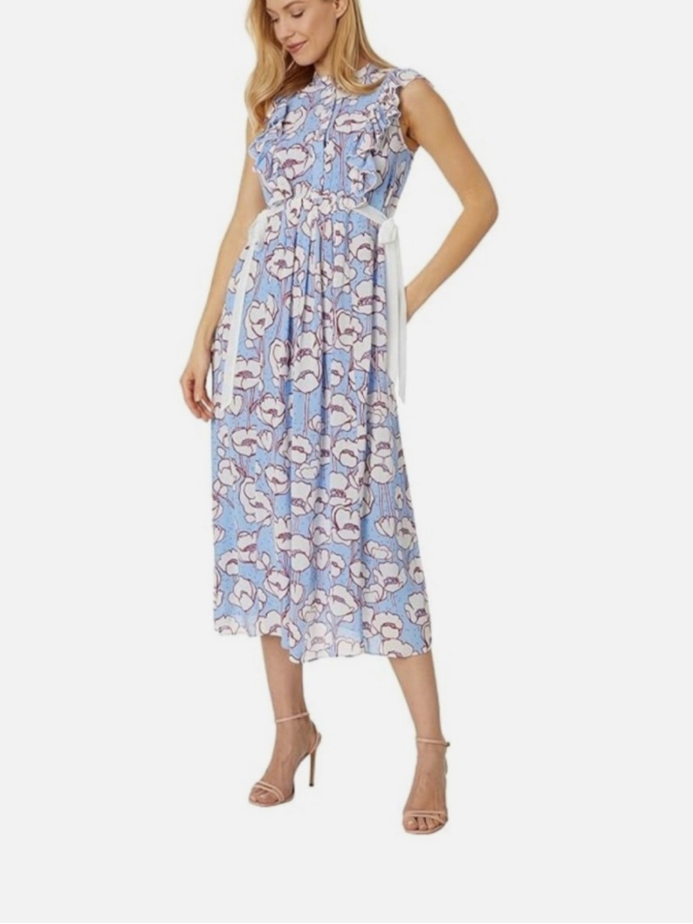 Ted Baker Light Blue Floral Ruffle Midi Dress with White Tie